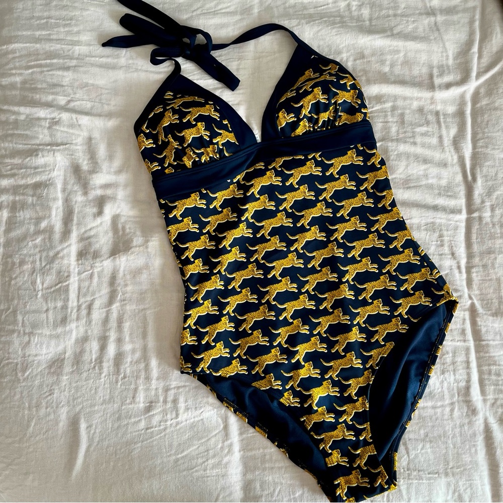 Boden• Retro Navy & Gold Cheetah Print🐆 Halter tie One Piece Bathing Suit• Sz 8 - Picture 9 of 10